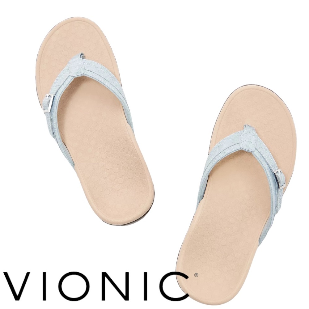 Vionic Tide Patty Flip Flops Sandal Size 10 Light denim & tan Summer Vacation